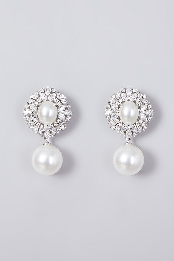 White Finish Pearl & Zircon Stud Earrings by Aster at Pernia's Pop Up Shop