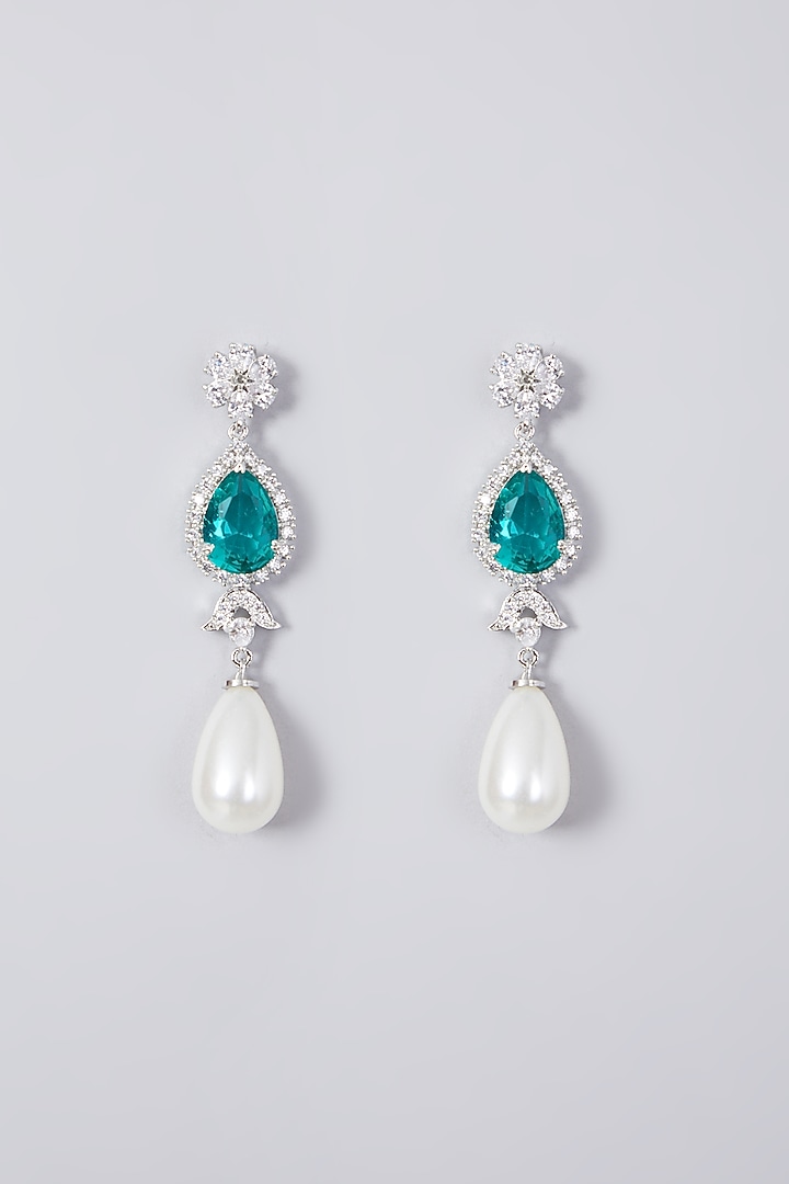 White Finish Zircon & Green Synthetic Stone Dangler Earrings by Aster at Pernia's Pop Up Shop