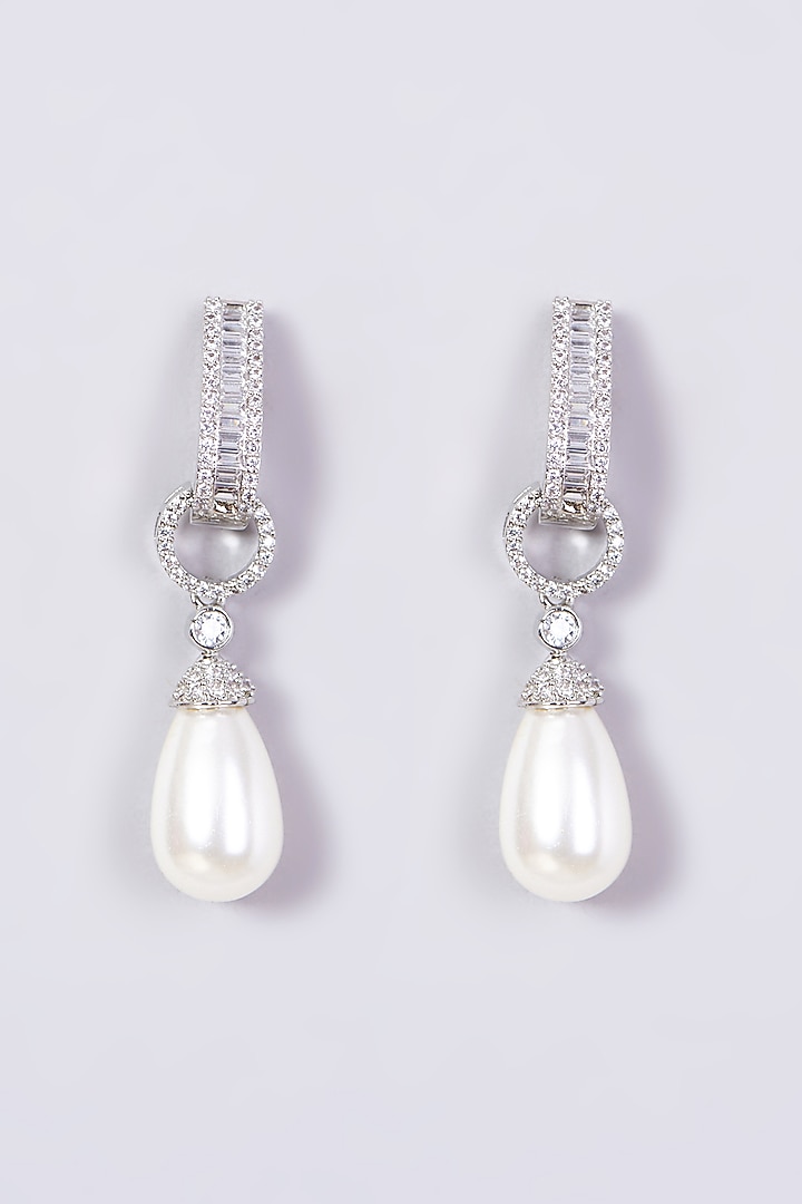 White Finish Zircon & Pearl Drop Earrings by Aster at Pernia's Pop Up Shop