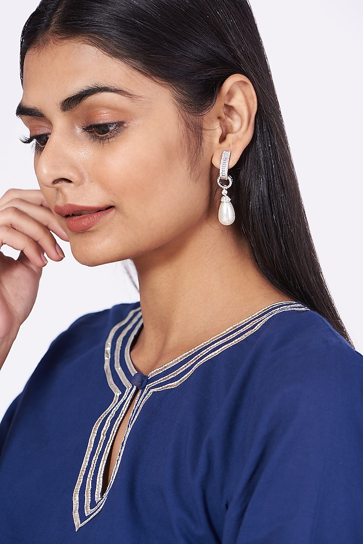 White Finish Zircon & Pearl Drop Earrings by Aster at Pernia's Pop Up Shop