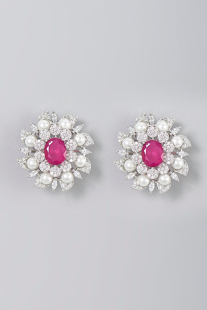White Finish Zircon & Ruby Synthetic Stone Stud Earrings by Aster at Pernia's Pop Up Shop