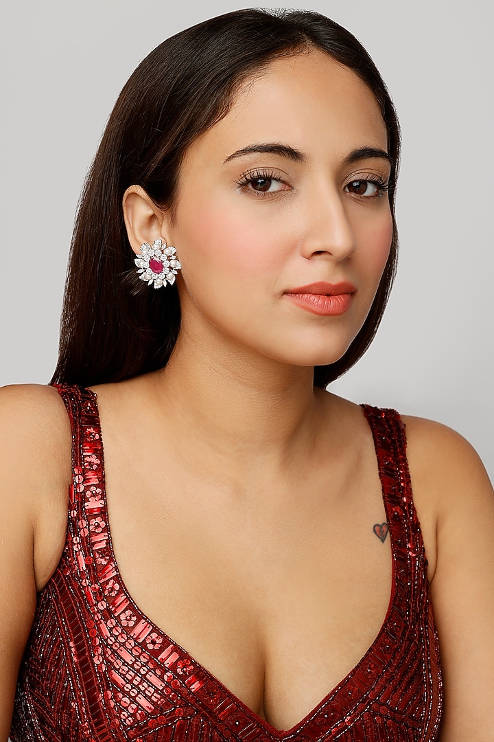 White Finish Zircon & Ruby Synthetic Stone Stud Earrings by Aster at Pernia's Pop Up Shop