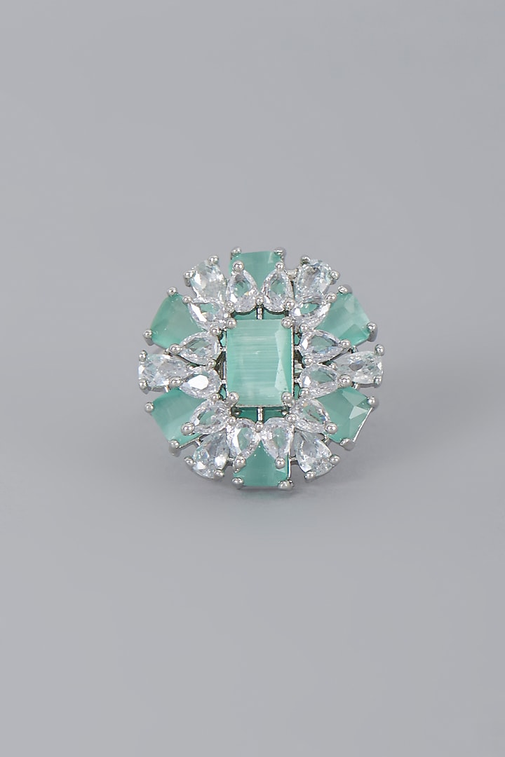 White Finish Aqua Synthetic Stone & Zircon Ring by Aster at Pernia's Pop Up Shop