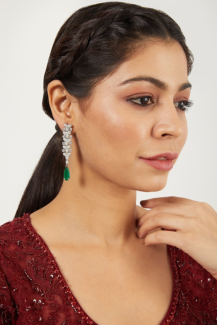 White Finish Zircon & Green Stone Earrings by Aster at Pernia's Pop Up Shop