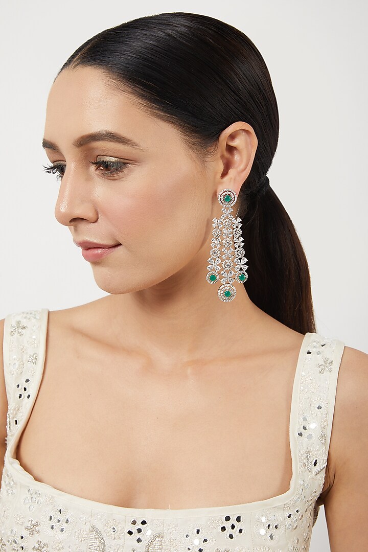 White Finish Zircon & Green Stone Dangler Earrings by Aster at Pernia's Pop Up Shop