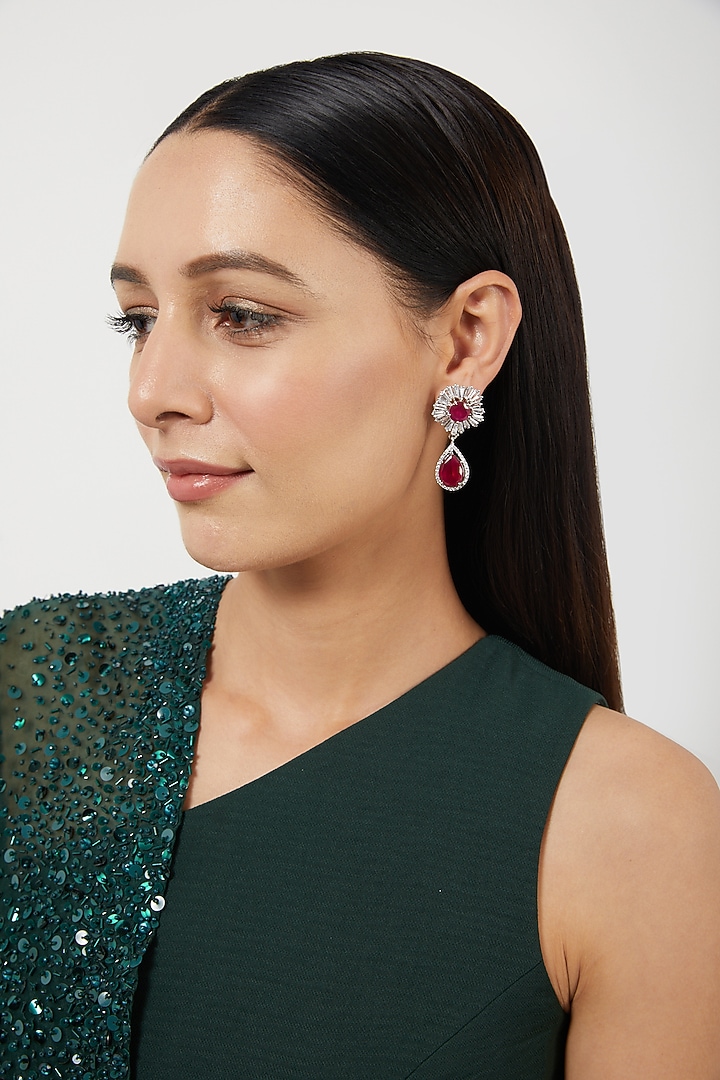 White Finish Red Stone Dangler Earrings by Aster at Pernia's Pop Up Shop