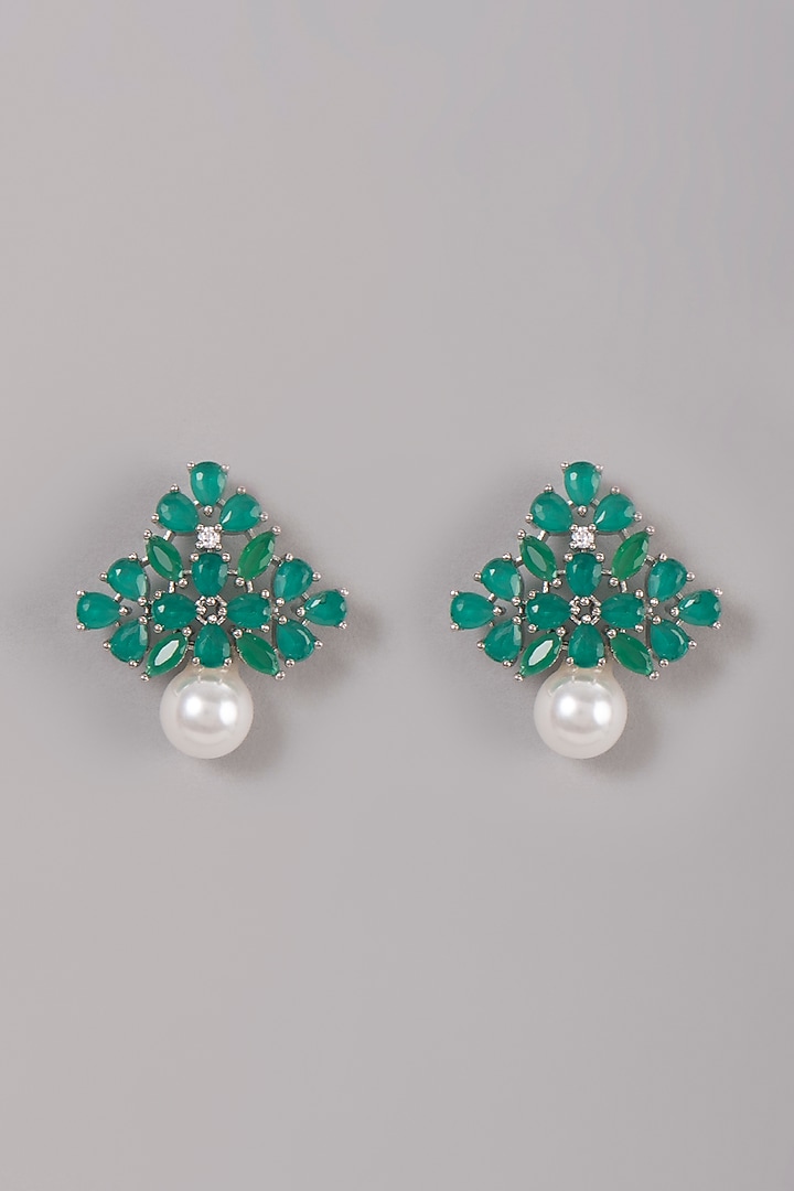 White Finish Green Zircon & Pearl Stud Earrings by Aster at Pernia's Pop Up Shop