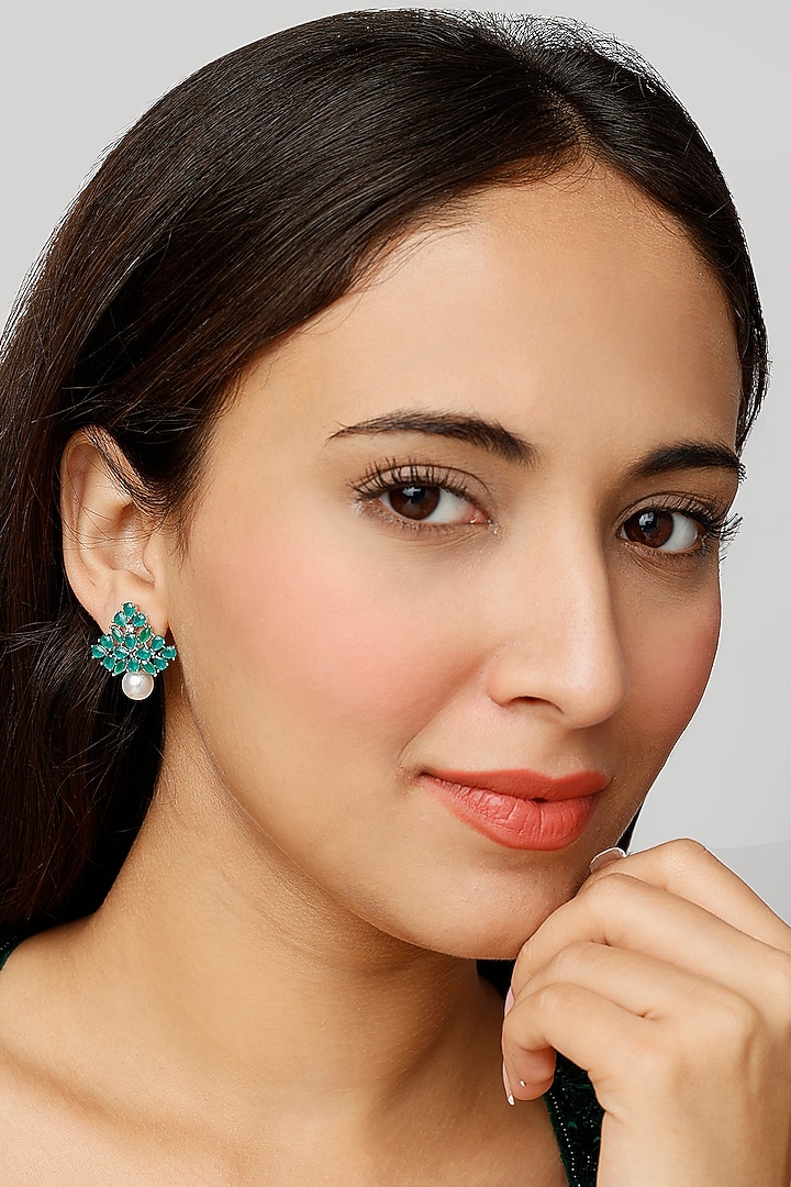 White Finish Green Zircon & Pearl Stud Earrings by Aster at Pernia's Pop Up Shop