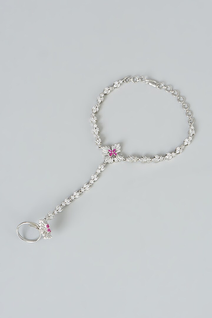 White Finish Zircon & Pink Stones Haath Phool (Set Of 2) by Aster at Pernia's Pop Up Shop