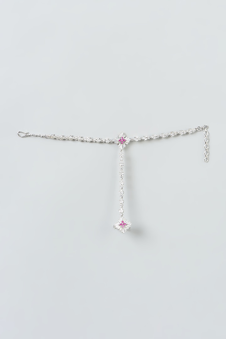White Finish Zircon & Pink Stones Haath Phool (Set Of 2) by Aster at Pernia's Pop Up Shop