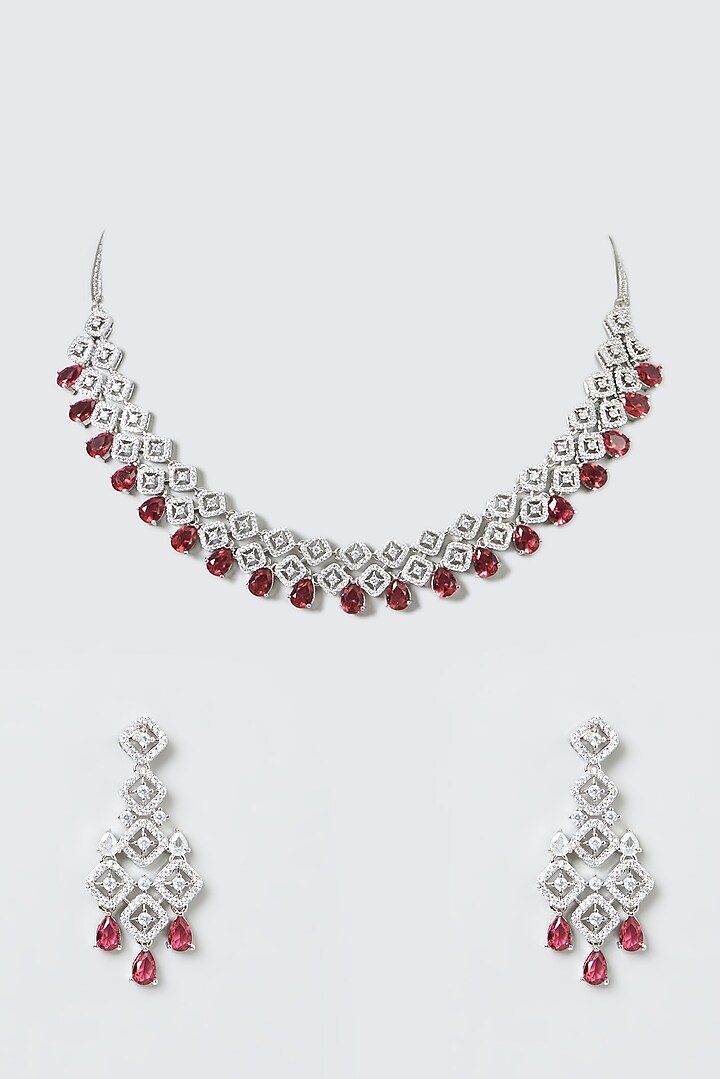 White Finish Zircon & Red Stone Necklace Set by Aster at Pernia's Pop Up Shop