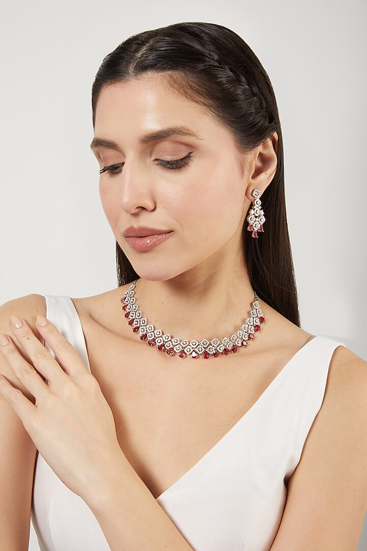 White Finish Zircon & Red Stone Necklace Set by Aster at Pernia's Pop Up Shop