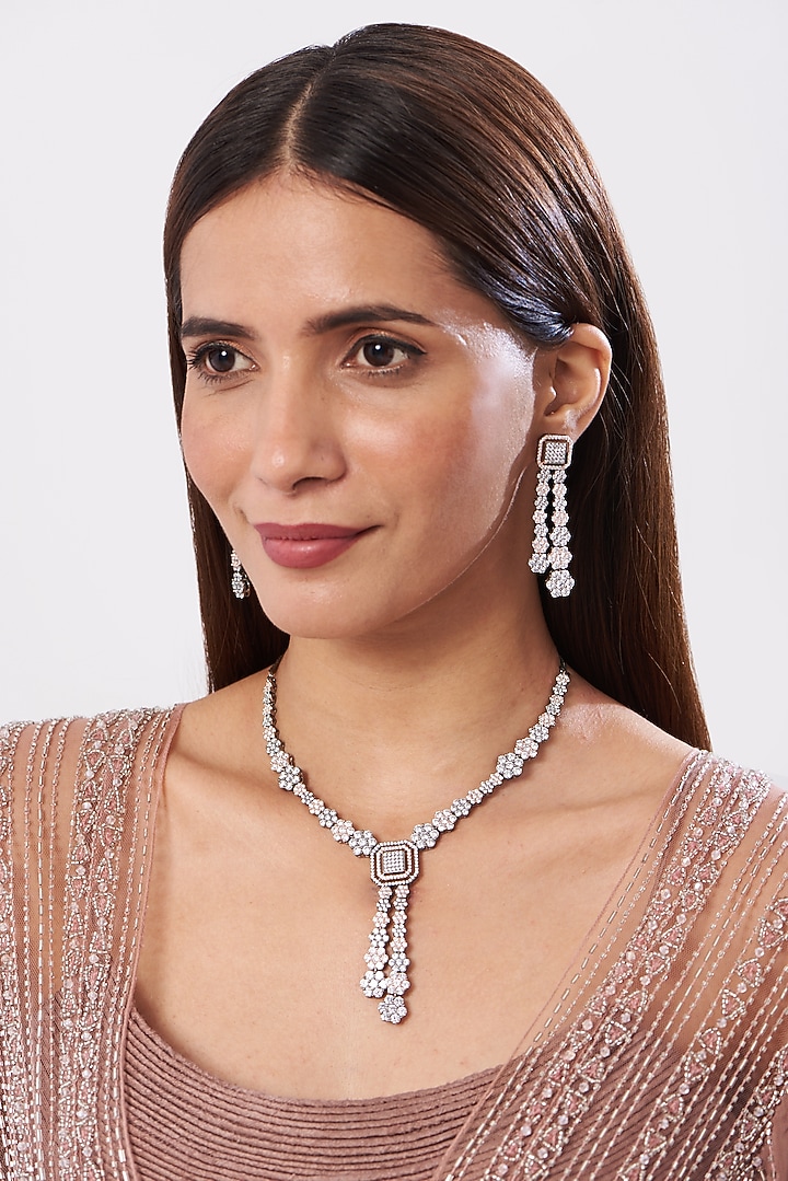 White Finish Necklace Set With Zircon by Aster at Pernia's Pop Up Shop