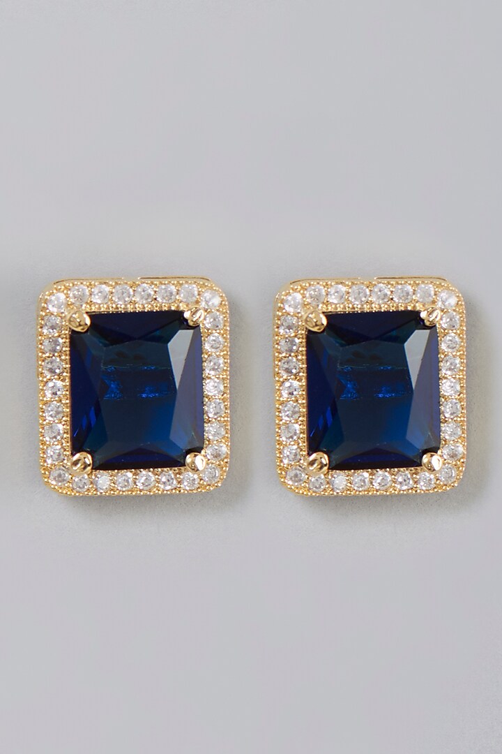 Gold Finish Zircon & Sapphire Synthetic Stone Stud Earrings by Aster at Pernia's Pop Up Shop