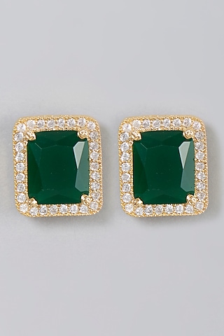 Gold Finish Zircon & Emerald Synthetic Stone Stud Earrings by Aster
