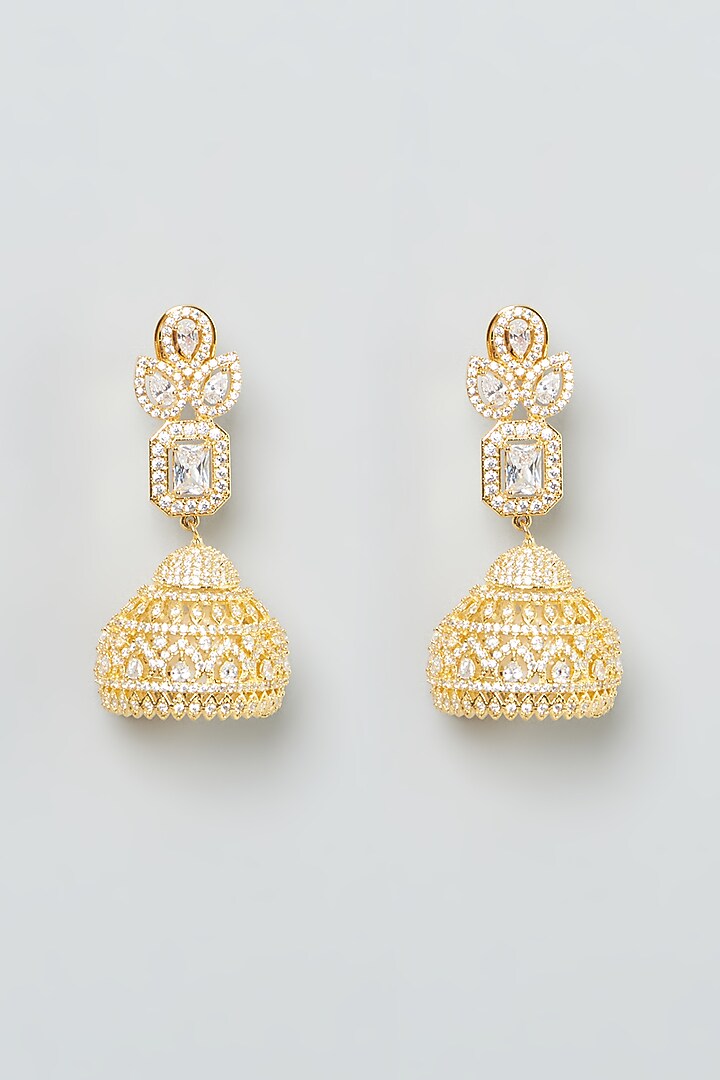 Gold Finish Zircon Jhumka Earrings by Aster at Pernia's Pop Up Shop