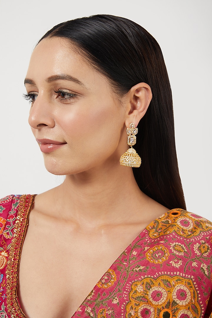 Gold Finish Zircon Jhumka Earrings by Aster at Pernia's Pop Up Shop