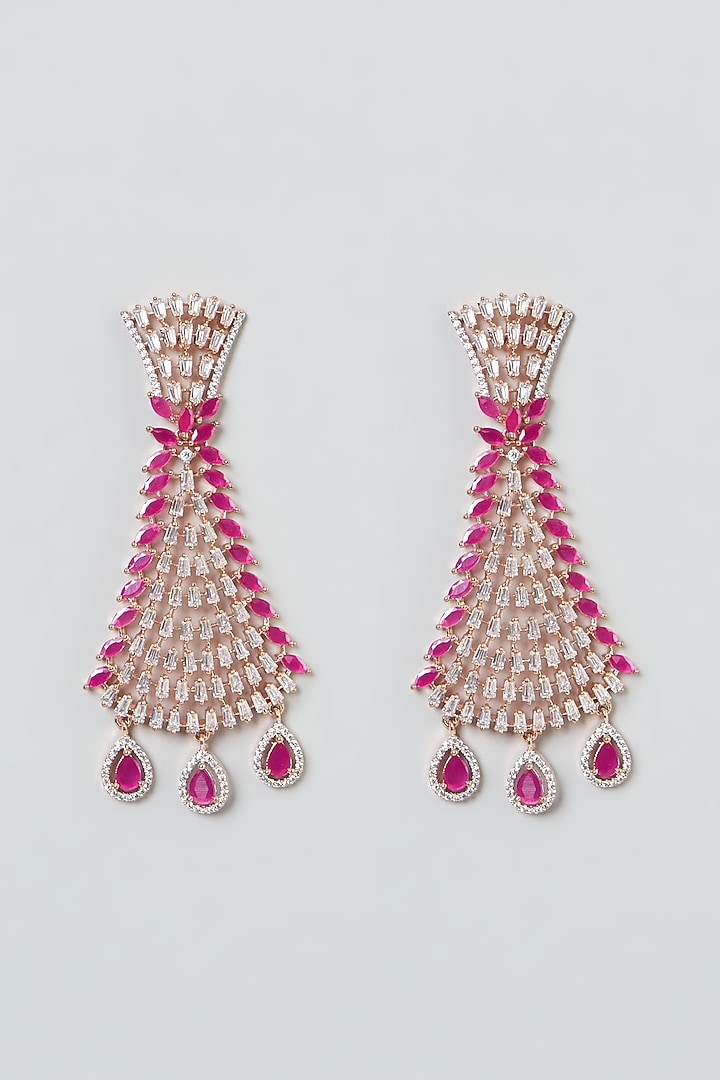 Rose Gold Finish Zircon & Red Stone Dangler Earrings by Aster at Pernia's Pop Up Shop