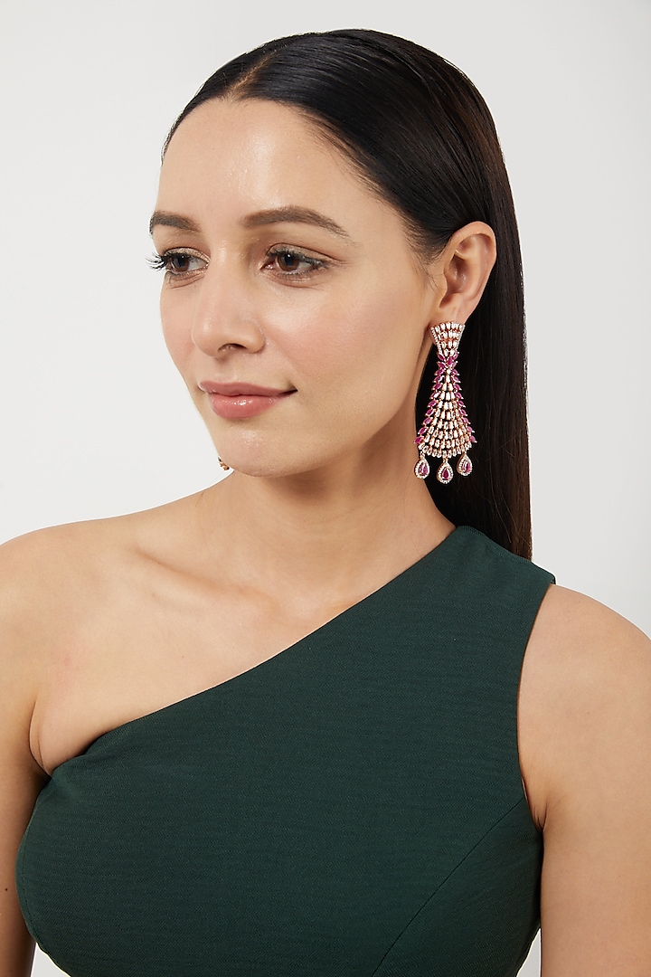Rose Gold Finish Zircon & Red Stone Dangler Earrings by Aster at Pernia's Pop Up Shop