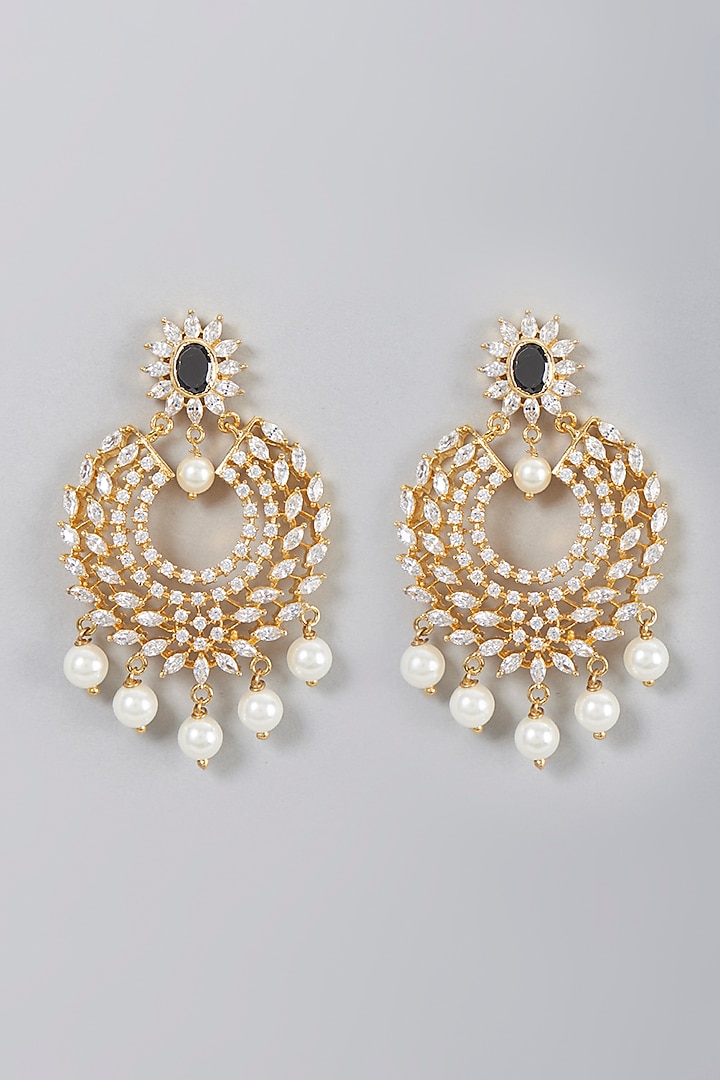 Gold Finish Zircon & Black Synthetic Stones Dangler Earrings by Aster at Pernia's Pop Up Shop