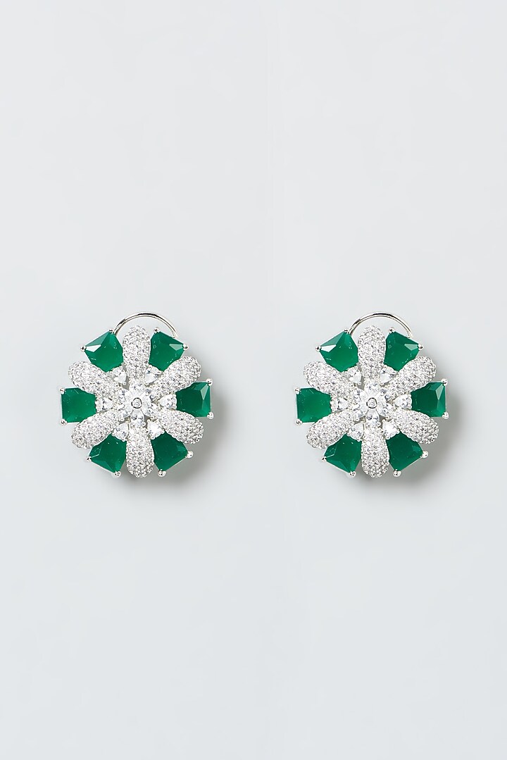 White Finish Zircons & Green Stone Stud Earrings by Aster at Pernia's Pop Up Shop