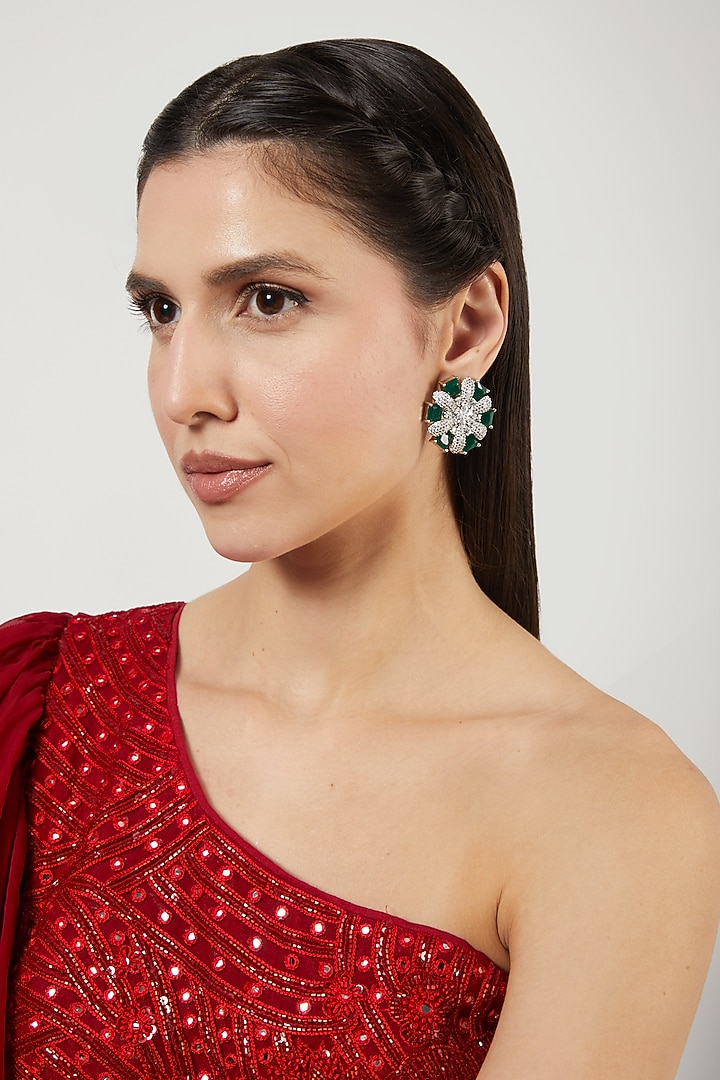 White Finish Zircons & Green Stone Stud Earrings by Aster at Pernia's Pop Up Shop