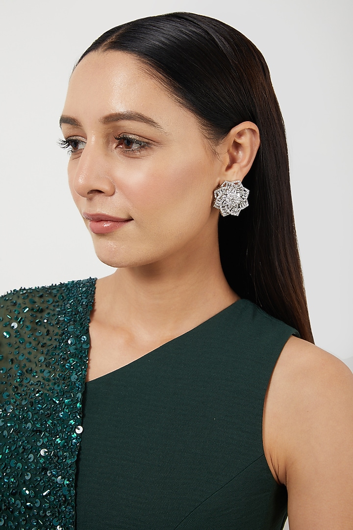 White Finish Zircons Stud Earrings by Aster at Pernia's Pop Up Shop