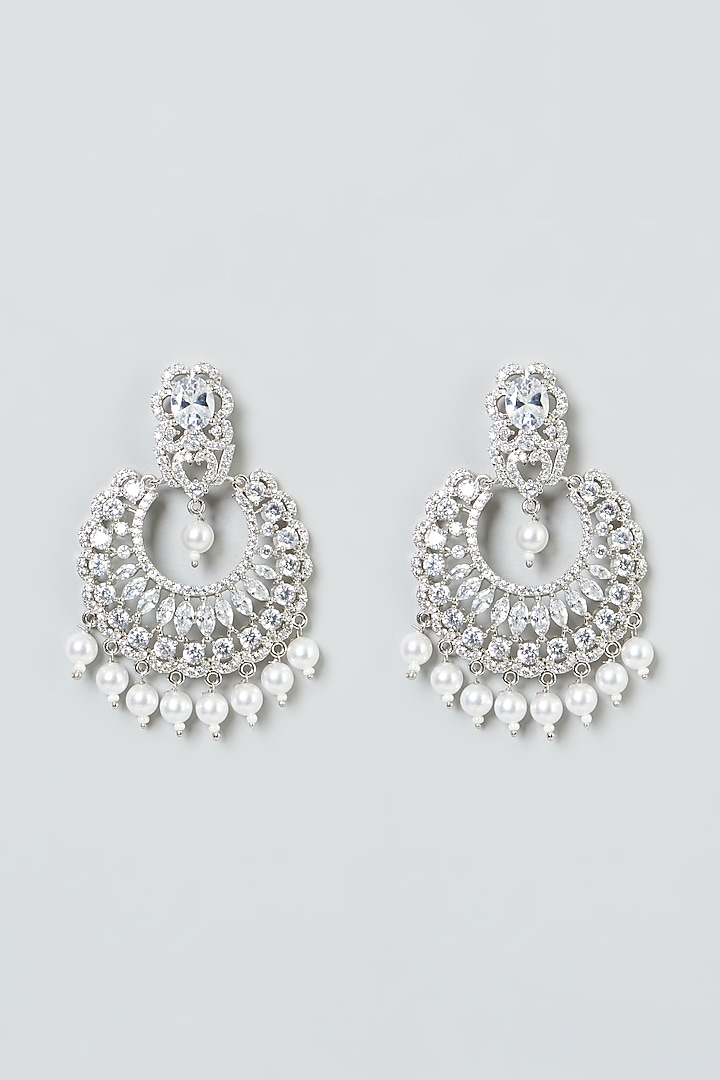 White Finish Zircons & Pearls Dangler Earrings by Aster at Pernia's Pop Up Shop