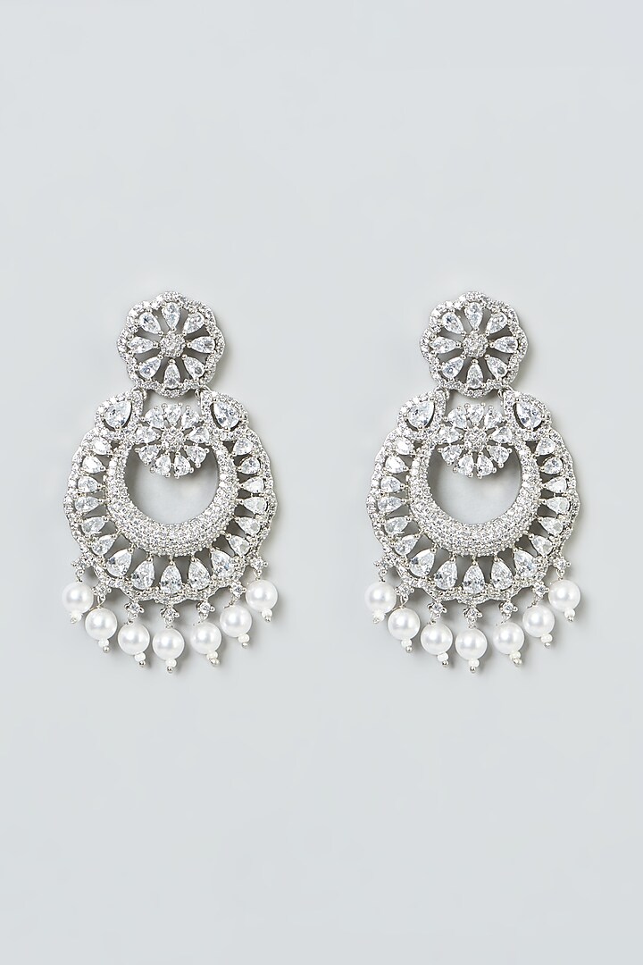 White Finish Pearls & Zircon Dangler Earrings by Aster at Pernia's Pop Up Shop
