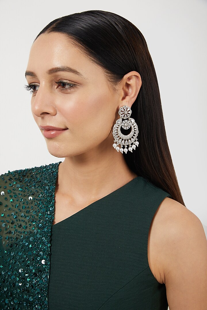 White Finish Pearls & Zircon Dangler Earrings by Aster at Pernia's Pop Up Shop