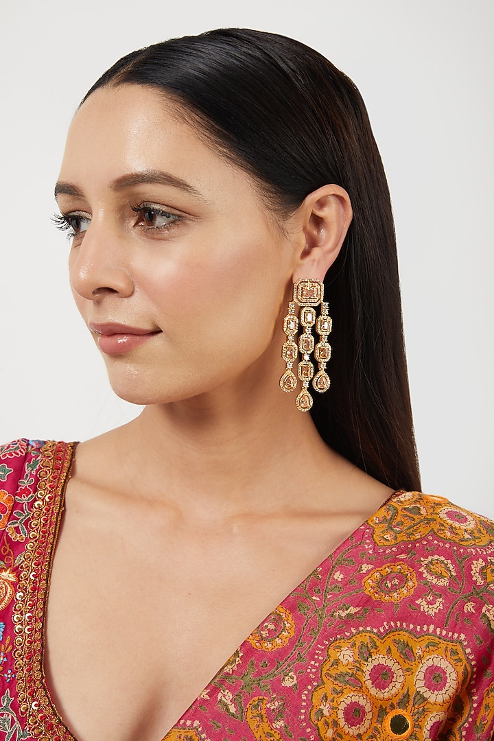 Gold Finish Zircon & Champagne Stone Dangler Earrings by Aster at Pernia's Pop Up Shop