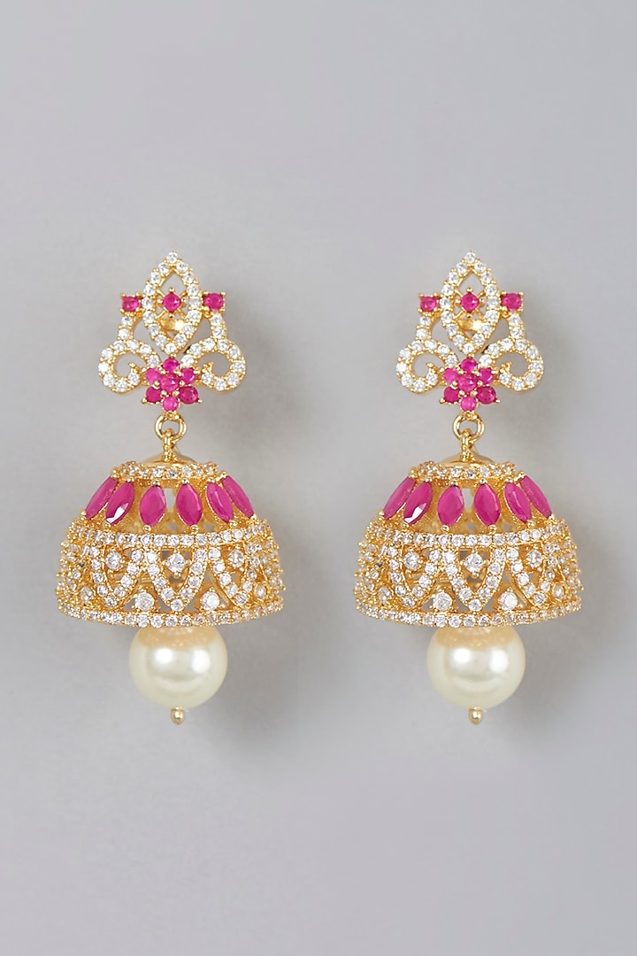 Gold Finish Zircon & Ruby Synthetic Stone Dangler Earrings by Aster at Pernia's Pop Up Shop