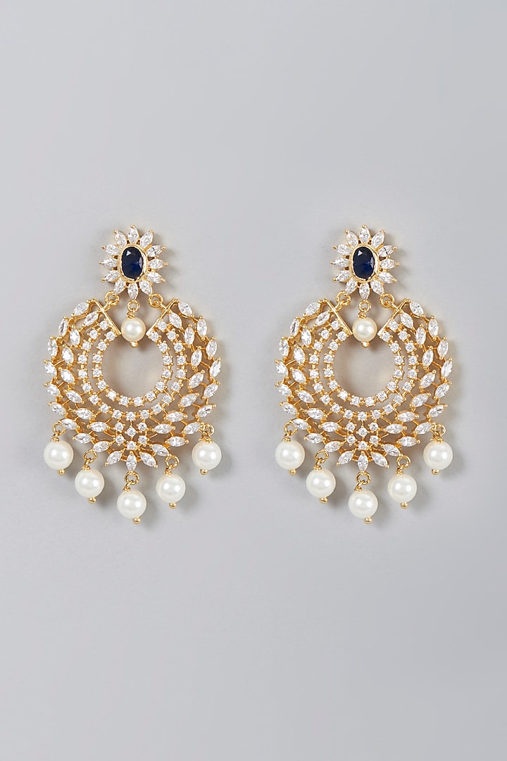 Gold Finish Zircon & Pearl Dangler Earrings by Aster at Pernia's Pop Up Shop