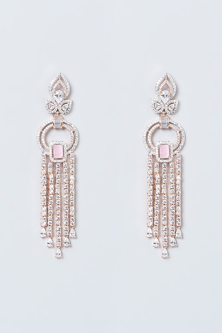 Rose Gold Finish Zircon & Synthetic Stone Dangler Earrings by Aster at Pernia's Pop Up Shop
