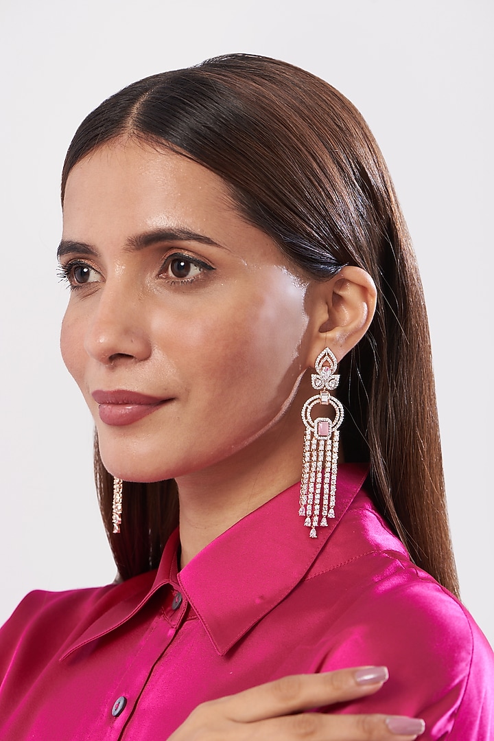 Rose Gold Finish Zircon & Synthetic Stone Dangler Earrings by Aster at Pernia's Pop Up Shop