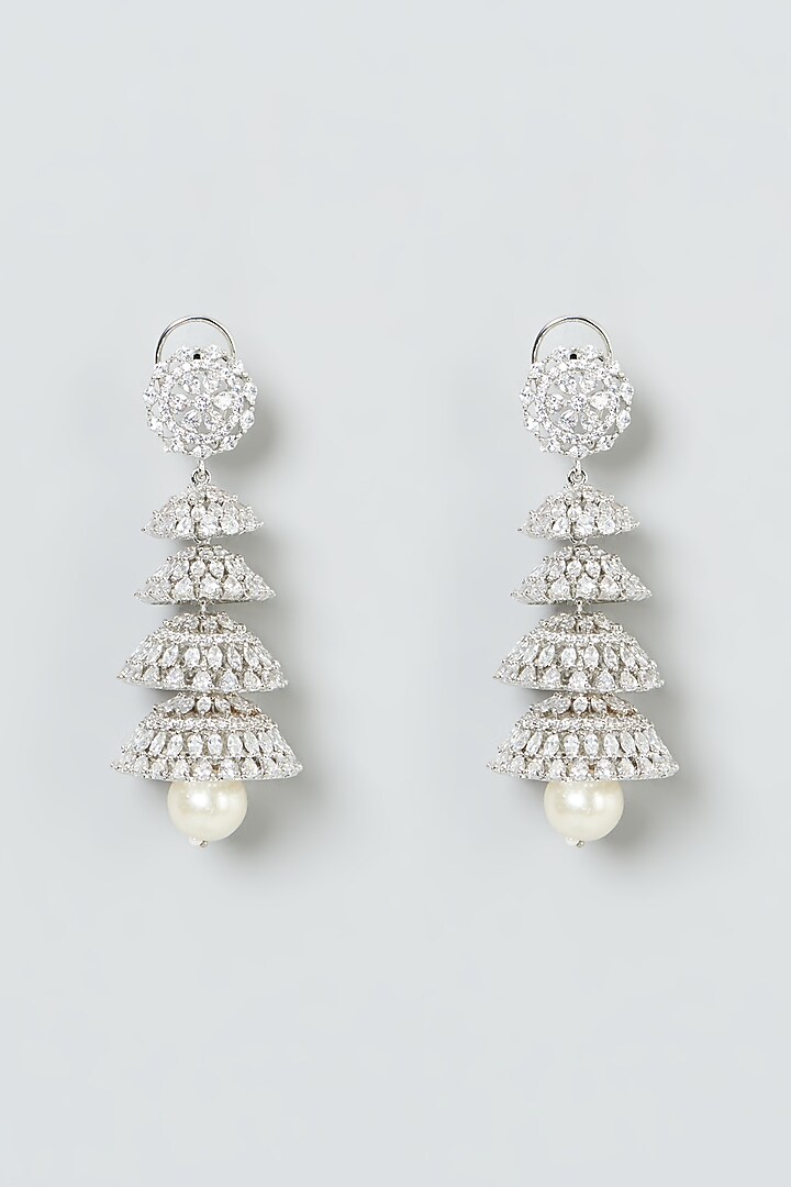 White Finish Zircon & Pearl Dangler Earrings by Aster at Pernia's Pop Up Shop