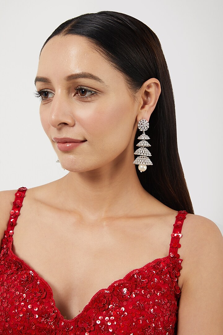 White Finish Zircon & Pearl Dangler Earrings by Aster at Pernia's Pop Up Shop