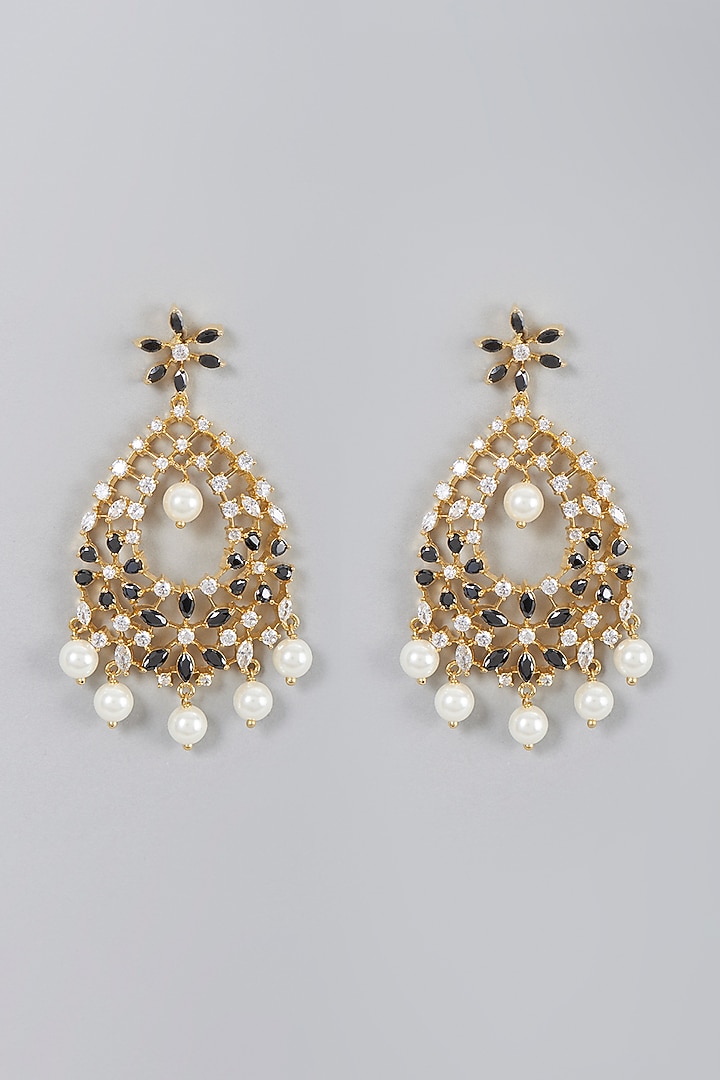 Gold Finish Zircon & Pearl Dangler Earrings by Aster at Pernia's Pop Up Shop