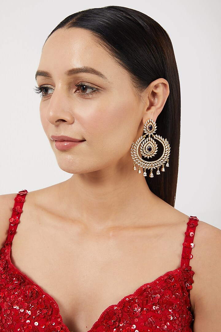 Gold Finish Blue Stones Dangler Earrings by Aster at Pernia's Pop Up Shop