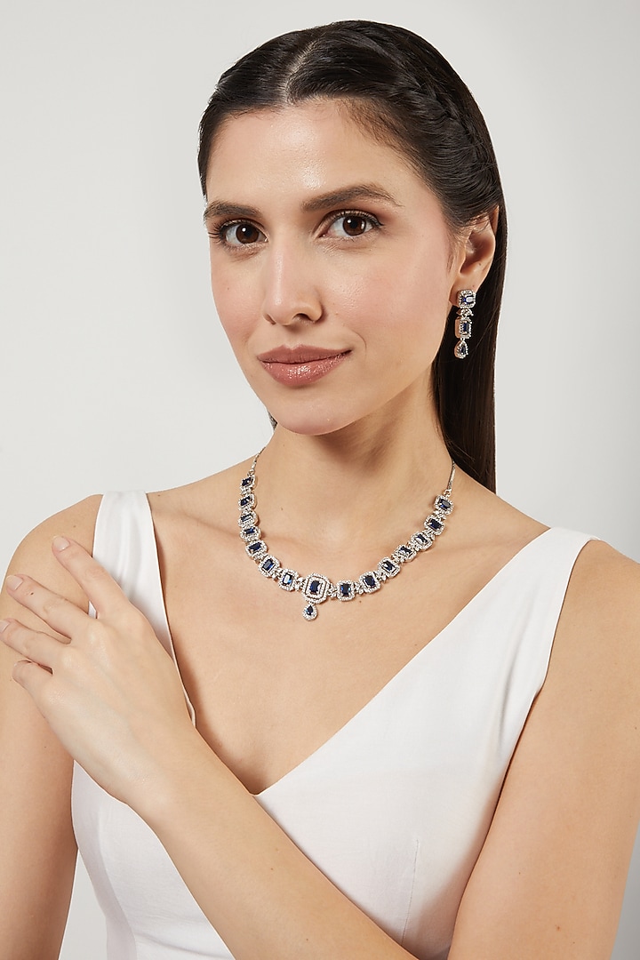 White Finish Blue Stones Necklace Set by Aster at Pernia's Pop Up Shop