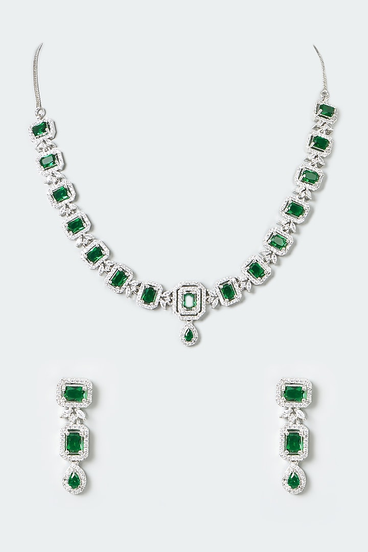 White Finish Zircon & Green Stones Necklace Set by Aster at Pernia's Pop Up Shop