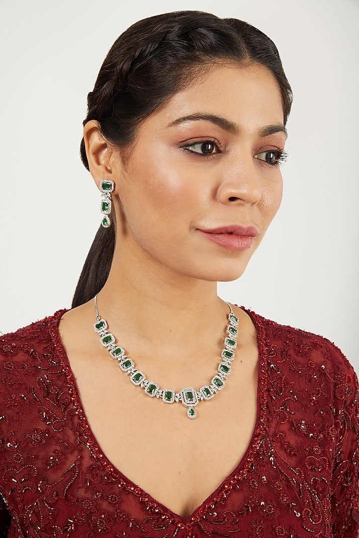 White Finish Zircon & Green Stones Necklace Set by Aster at Pernia's Pop Up Shop