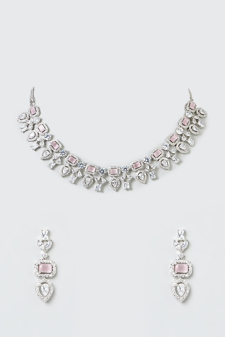 White Finish Zircons & Pink Stones Necklace Set by Aster at Pernia's Pop Up Shop