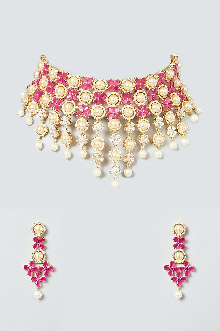 Gold Finish Zircons & Pearls Choker Necklace Set by Aster at Pernia's Pop Up Shop