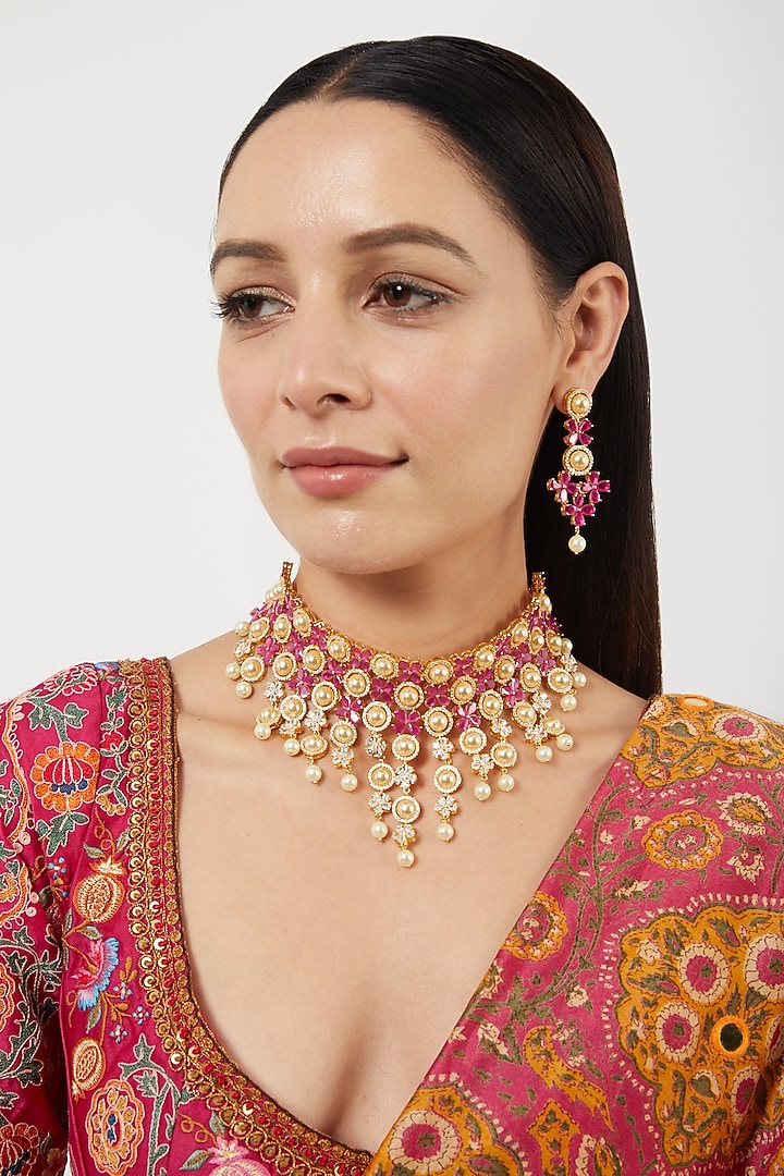 Gold Finish Zircons & Pearls Choker Necklace Set by Aster at Pernia's Pop Up Shop