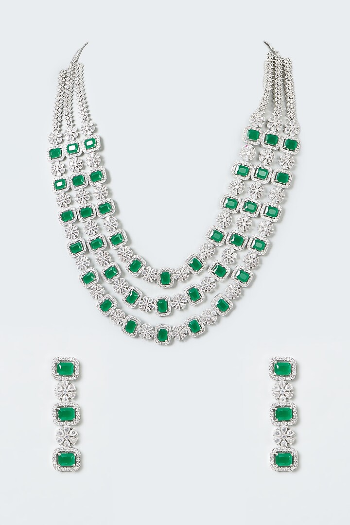 White Finish Zircons & Green Stone Layered Necklace Set by Aster at Pernia's Pop Up Shop