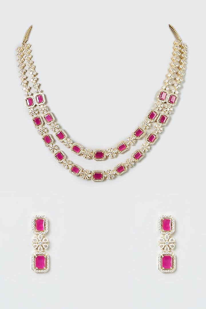 Gold Finish Zircon & Red Stone Layered Necklace Set by Aster at Pernia's Pop Up Shop