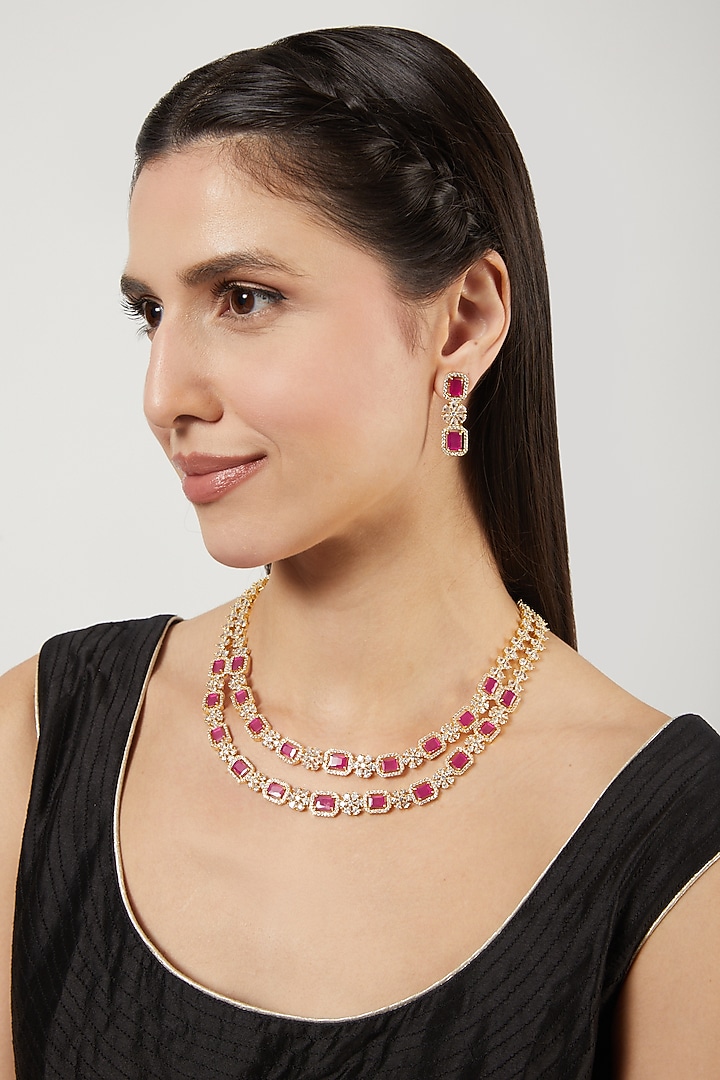Gold Finish Zircon & Red Stone Layered Necklace Set by Aster at Pernia's Pop Up Shop