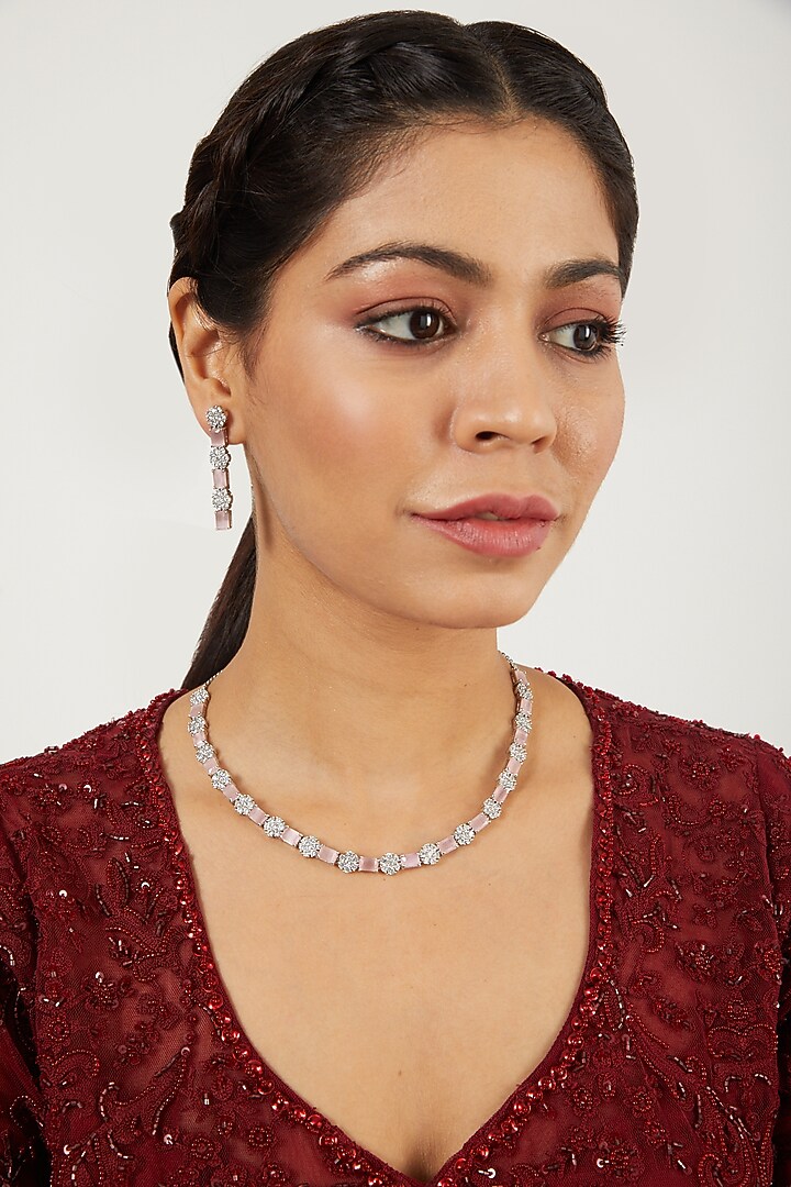 White Finish Pink Stones Necklace Set by Aster at Pernia's Pop Up Shop
