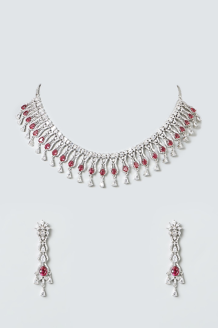 White Finish Red Stones Necklace Set by Aster